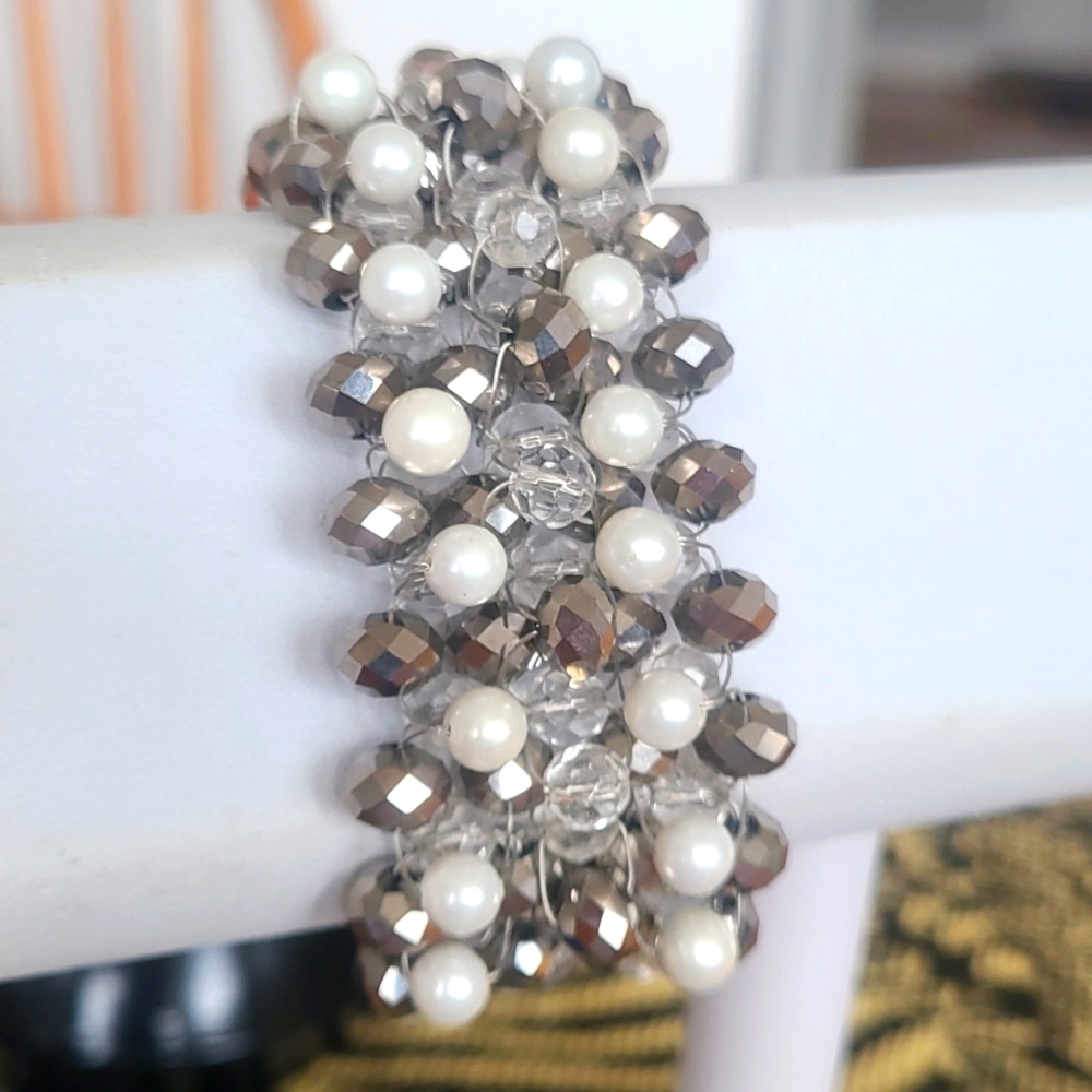 Beaded Woven Cuff Pearl Crystal Electroplated Beading Clasp